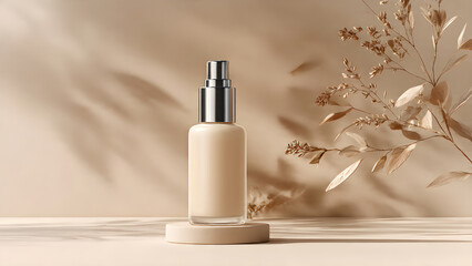 a simple skincare bottle with shadow beige background