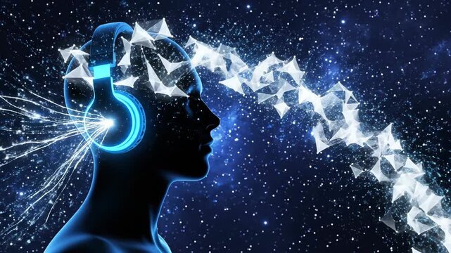A person's silhouette listens to music on glowing blue headphones as a digital plexus network of data streams from their mind against a starry night sky