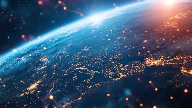 Dynamic visualization of Earth's interconnected global network, illuminated by city lights and flowing data, symbolizing worldwide communication, technology, and futuristic digital advancements