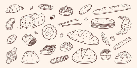 Collection of hand-drawn bread and bun illustrations. Includes baguettes, croissants, rolls, and pastries. Vector design elements for bakery branding, packaging, menus, and identity projects.
