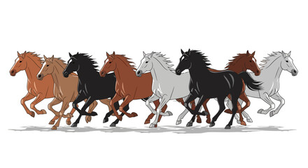 A dynamic illustration of a powerful herd of multi-colored horses galloping together. Vector drawing of running stallions in profile