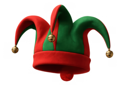 Jester hat with bells presenting a playful red and green costume accessory for fun, carnival, and holidays