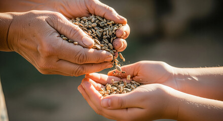 Close up elderly hands pouring seeds into young hands symbol growth patience agriculture life lesson natural sunlight