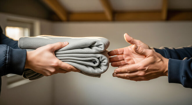 Close up volunteer hands handing warm blanket to homeless person relief shelter compassion winter care humanitarian support copy space