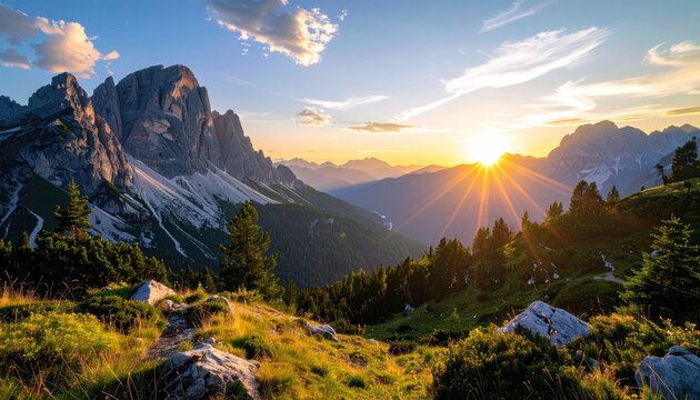 Majestic Mountain Range Sunrise Scenic View with Golden Sun Rays Shining Through Clouds Over Pine Forest and Rocky Peaks in Alpine Landscape