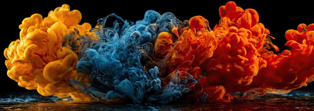 Colorful ink clouds meet, swirling in water on a dark backdrop