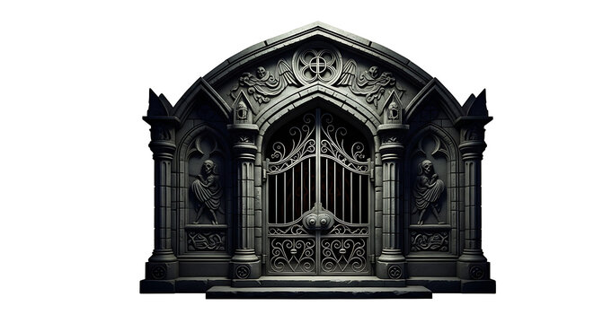 A gothic stone crypt entrance with ornate iron gate and sculpted figures isolated on white background ai generated
