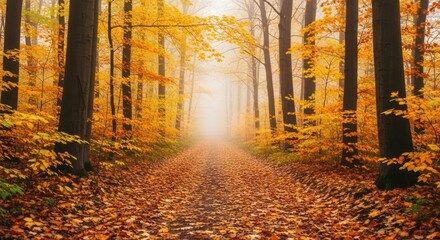 Fototapeta premium Autumnal Pathway - A Forest Scene in Golden Hues.