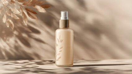 a simple skincare bottle with shadow beige background