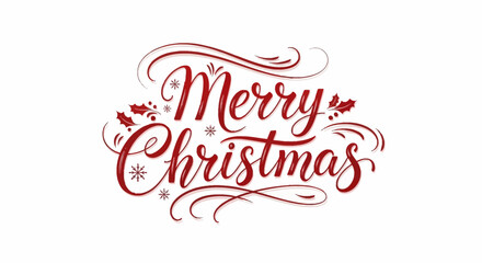 Elegant Red Calligraphy of Merry Christmas with Festive Snowflakes and Holly Accents