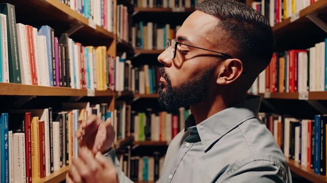 Man choosing book in library. Serious man in glasses looks at shelf. Indoor academic space with books. Man, indoor, glasses, thinking, focus, serious, idea, library, studying, emotion