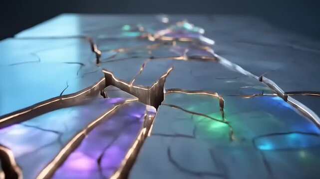 Cracking surface with glowing colorful lights.