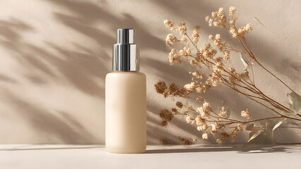 a simple skincare bottle with shadow beige background