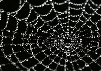 Fototapeta premium A delicate spiderweb adorned with glistening water droplets in dark background