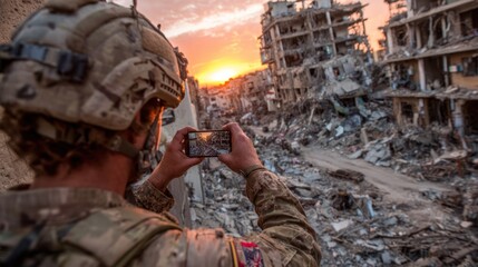 Soldier photographs a war-torn city at sunset. Rubble and destruction dominate the scene