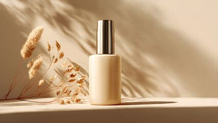 a simple skincare bottle with shadow beige background