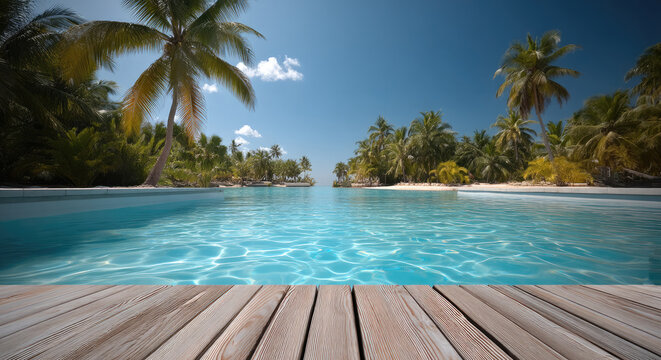 Luxury resort vacation relaxation with an infinity pool and wooden deck, set in tropical palm trees, under a sunny sky