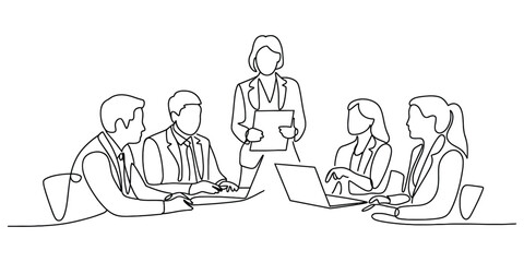 Business team meeting one line drawing showing collaboration efforts. © Icon_gallery