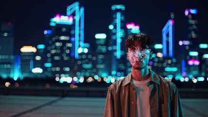 Young man with data lines on face. Cyber network effect glows in city lights. Futuristic technology overlays digital system. Urban skyline enhanced by data. Innovation meets face recognition design. - Powered by Adobe