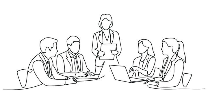 Business team meeting one line drawing showing collaboration efforts.