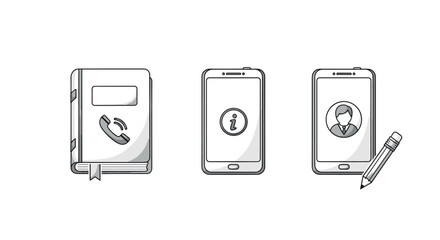 Contact book icons notebook, smartphone with information symbol and pencil
