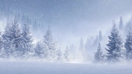A snowy evergreen forest landscape during a heavy snowfall with mist and fog obscuring the trees in the distance - Powered by Adobe