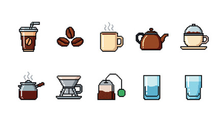 Pixel art coffee and tea icons retro style beverage collection