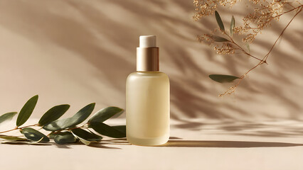 a simple skincare bottle with shadow beige background