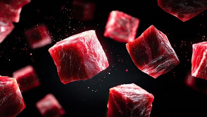 Floating red meat cubes on dark backdrop, dotted with red particles