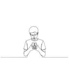 Continuous Line Drawing of a Young Man Intently Using a Smartphone