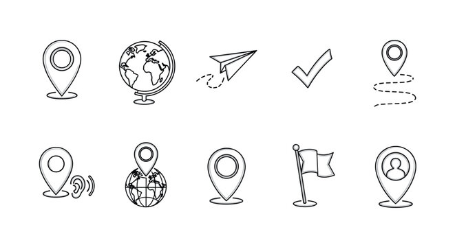 Minimalist location and navigation icons with globe and paper plane design