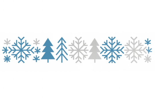 Winter season border with blue and white snowflakes, pine trees, and fir branches, transparent background