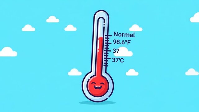 Animated cartoon thermometer showing normal body temperature for health and wellness