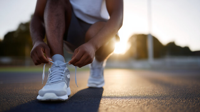 Young man sitting on a running track tying sneakers before jogging, surrounded by warm sunlight, symbolizing sport motivation, outdoor fitness, healthy lifestyle, athlete disciplin