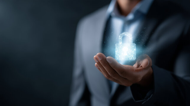 Businessman holding a glowing digital padlock hologram symbolizing cybersecurity, data protection, privacy, secure network, encryption, and information safety in modern digital tec