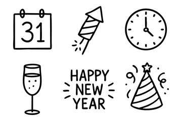 Fototapeta premium Happy New Year icon elements set, hand drawn, doodle style. Vector stock illustration