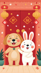 Naklejka premium New Year Celebration Illustration - Adorable Dog and Rabbit Celebrating Chinese New Year with Lanterns A beautifully detailed and expressive digital art composition that blends charm, color, and story