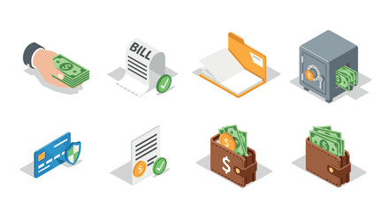 Isometric finance icons wallet, safe, credit card, and payment methods