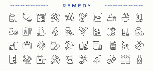 Remedy linear icon set. Contain linear symbols doctor, care, health, hospital, medicine, drug and more. Prescription icon set. UI icons set in a thin style. Vector illustration.