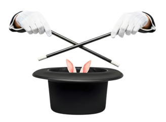 Magicians hand with wand over top hat isolated on transparent background