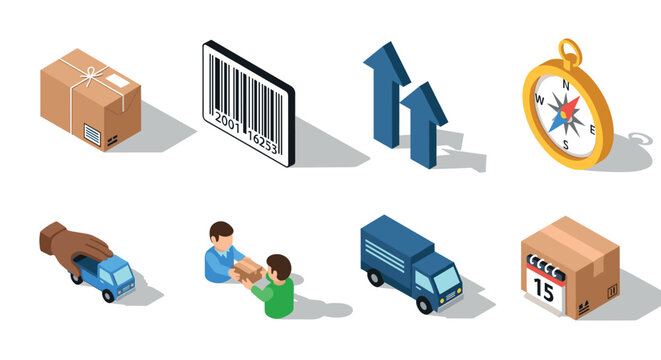Isometric logistics icons with barcode, compass, and parcel elements