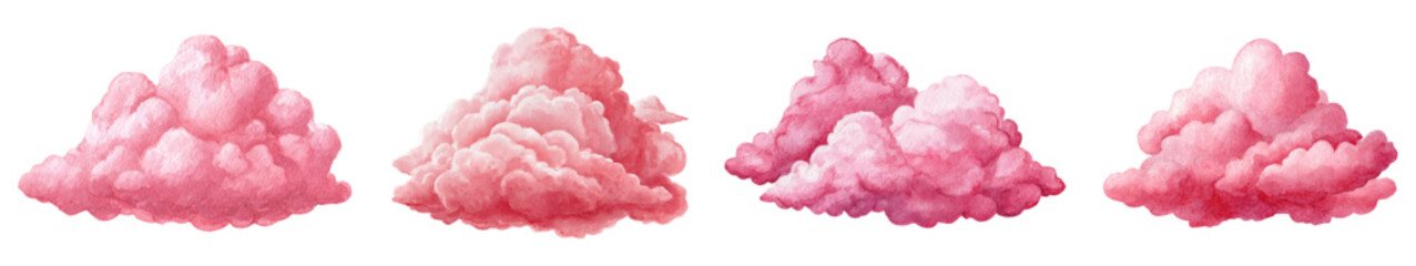 Naklejka premium Watercolor set of pink fluffy clouds. Cute pink clouds on isolated background. Cartoon set of clouds. Pink clouds. Pink sunset, dawn cloudy sky. Vector illustration.