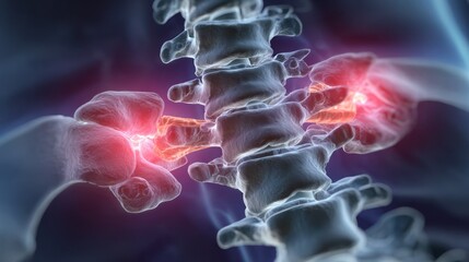 Obraz premium Spine illustration highlighting potential injury or inflammation, with glowing, damaged segments