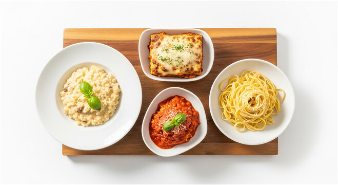 Italian Pasta Variety with Lasagna, Spaghetti and Risotto on Wooden Board
