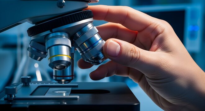 Close-up of a hand adjusting the objective lenses on a silver and black microscope in a laboratory setting, illuminated by blue light.