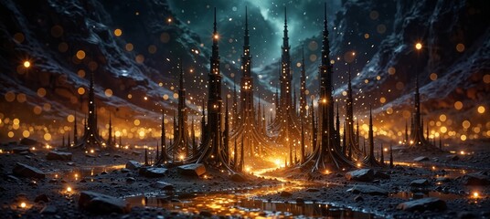 Fototapeta premium ethereal alien landscape with glowing spires and a mystical river of light, digital art.