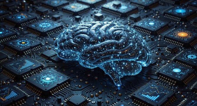 artificial intelligence brain circuit board with glowing network connections and data streams.