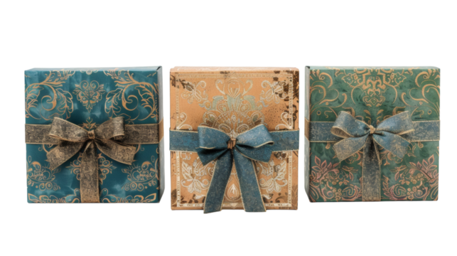 Set of green gold and blue gift boxes with decorative ribbons isolated on a white background