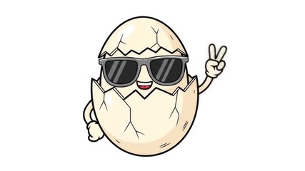 Animated Cracked Egg Character in Sunglasses Giving Peace Sign with Various Expressions - Powered by Adobe