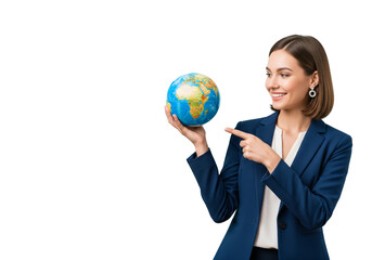Fototapeta premium Smiling businesswoman pointing at world globe symbolizing opportunity on transparent background